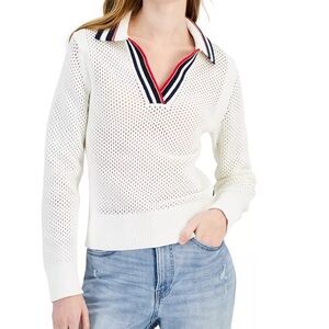 Women's Cotton Collared V-Neck Mesh Sweater
